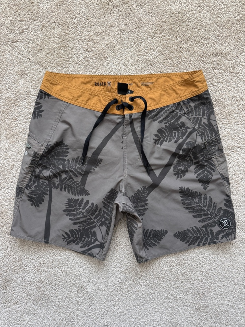 Roark Men's Gray Palm-Print Board Shorts with Mustard Waistband